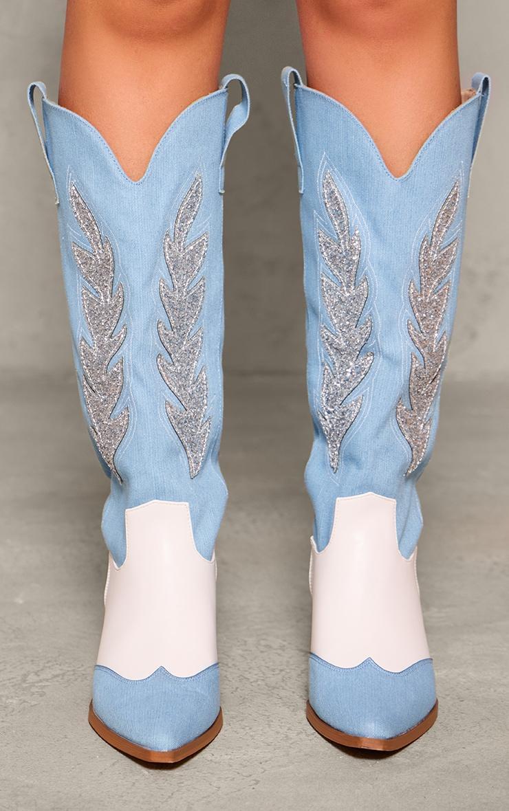 Blue Denim Point Toe Diamante Knee High Western Boots Product Image