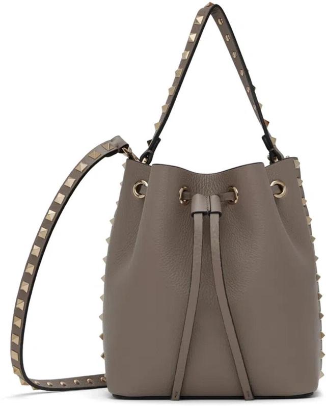 Taupe Rockstud Grainy Calfskin Bucket Bag In Nb9 Moon Taupe Product Image