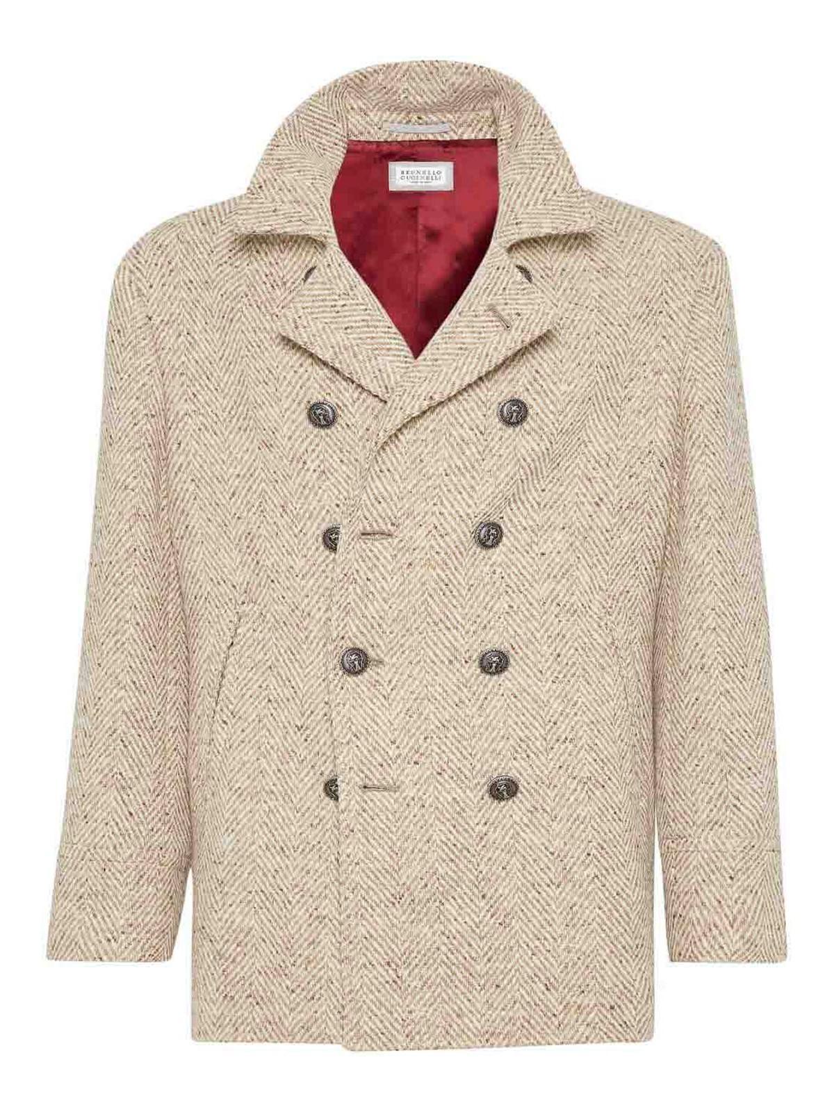 BRUNELLO CUCINELLI Herringbone Wool Peacoat In Beige Product Image