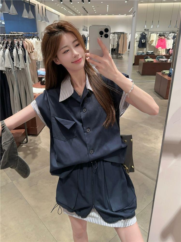 Cap-Sleeve Collared Mock Two-Piece Striped Panel Button-Up Blouse / High Waist Zipped Mini A-Line Cargo Skirt Product Image