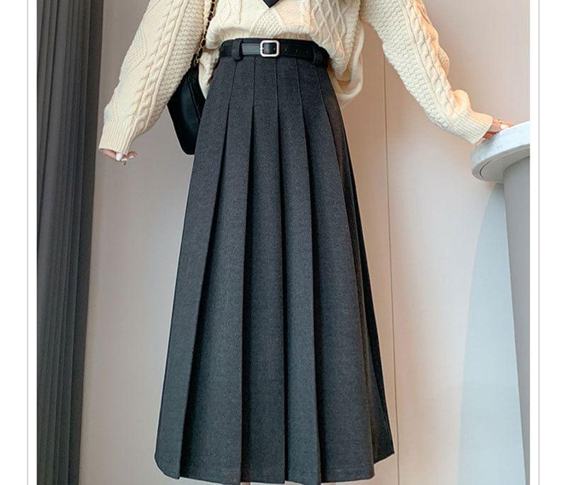 High Waist Plain Pleated Midi A-Line Skirt Product Image