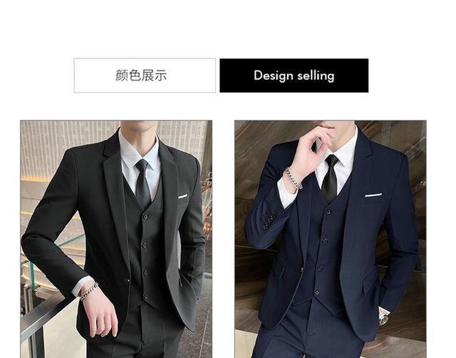 Set: V-Neck Plain Button-Up Vest + One-Buttoned Blazer + High Waist Straight Leg Dress Pants Product Image