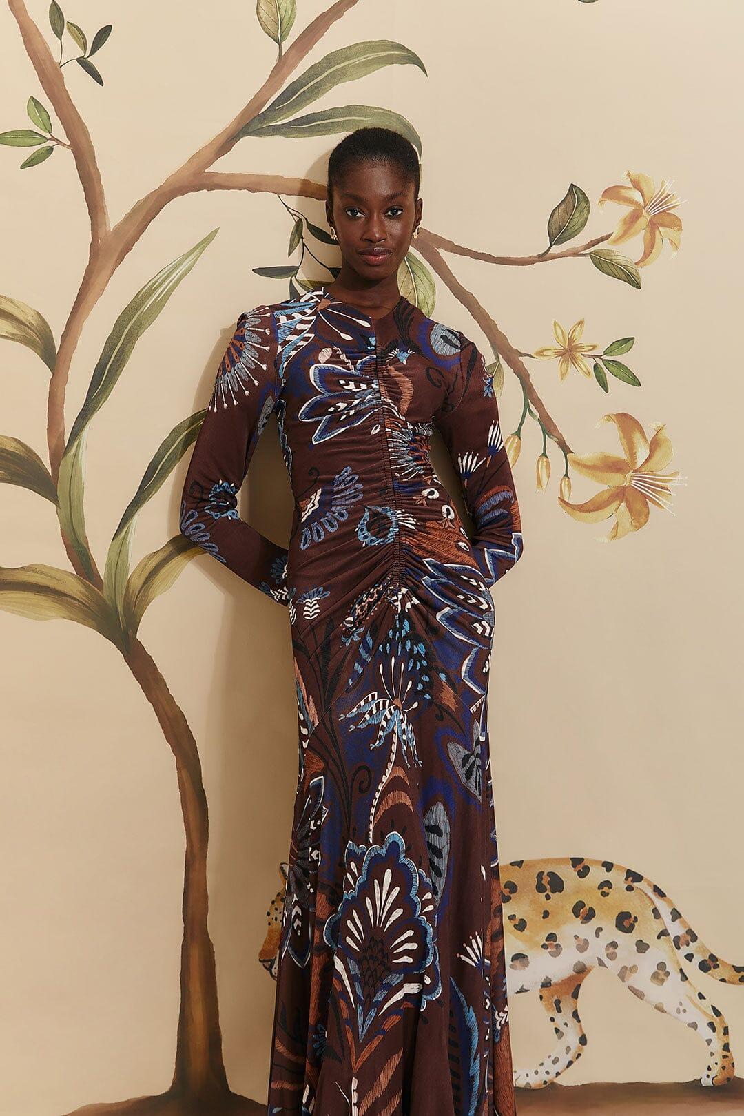 Brown Delicate Garden Long Sleeve Maxi Dress Product Image