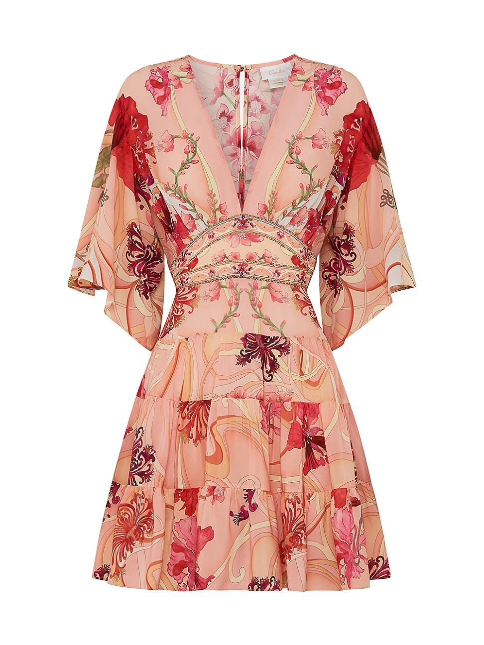 Womens Floral Silk Tiered Minidress Product Image