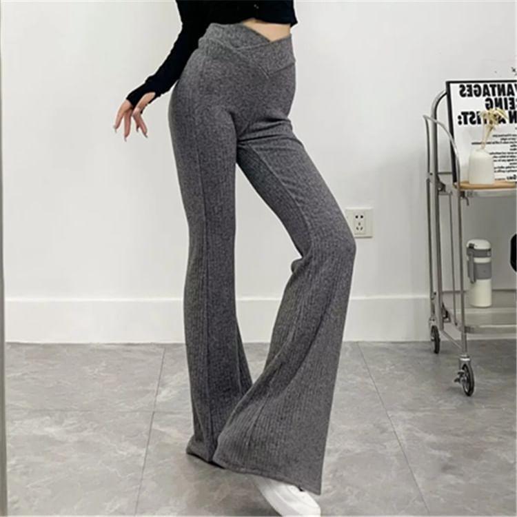 High Waist Slim-Fit Boot-Cut Ribbed-Knit Pants product image