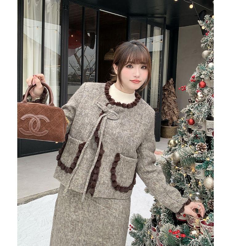 Set: Round Neck Fluffy Trim Frog Closure Jacket + High Rise Midi A-Line Skirt Product Image