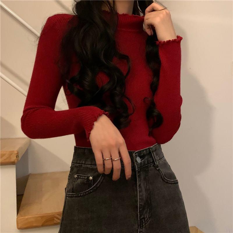 Long-Sleeve Mock Neck Plain Lettuce Edge Slim Fit Knit Top Product Image