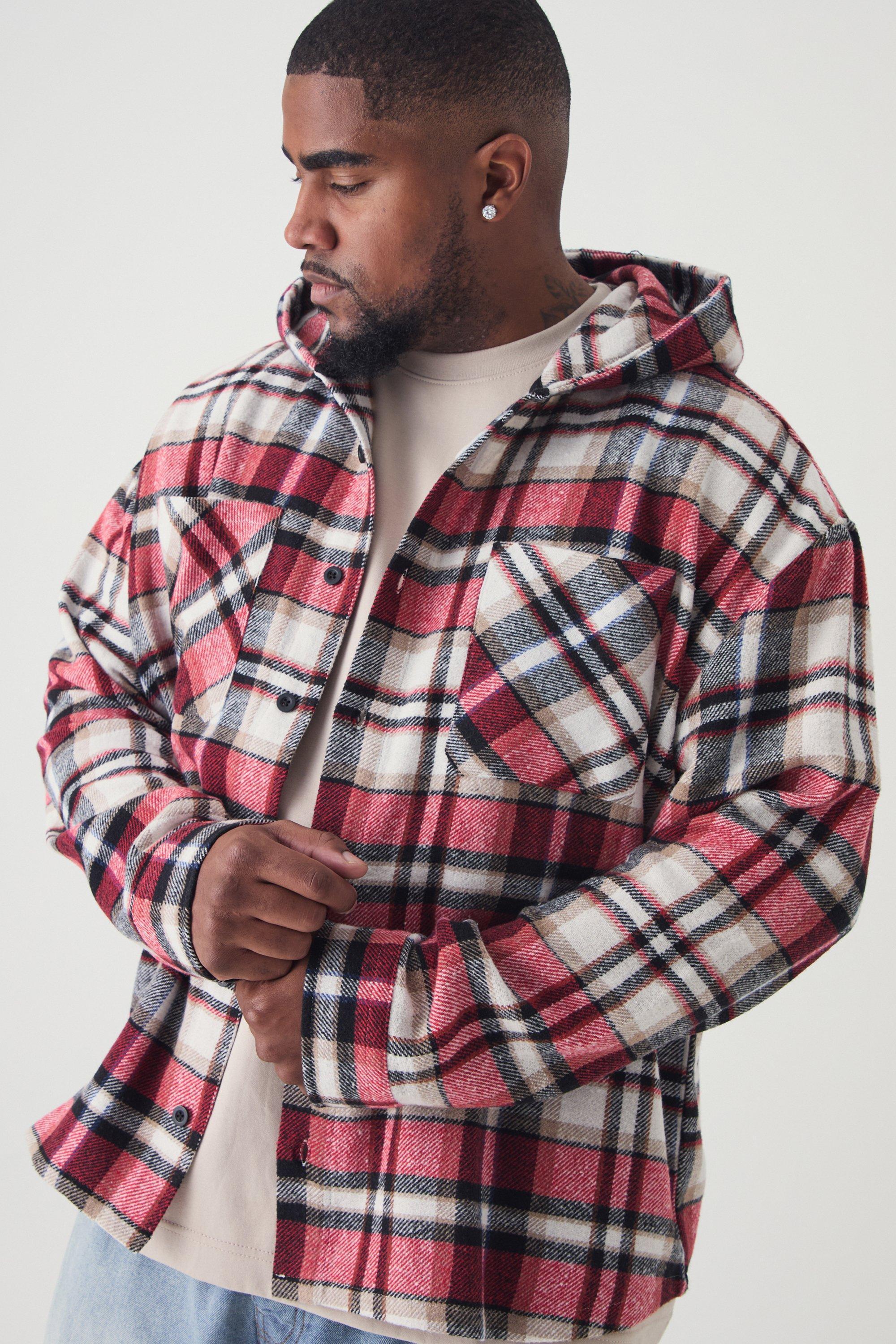 Plus Brushed Hooded Plaid Shirt Jacket | boohooMAN USA Product Image