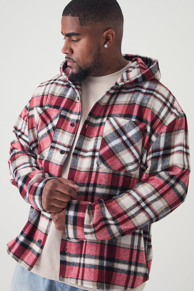 Plus Brushed Hooded Plaid Shirt Jacket | boohooMAN USA Product Image