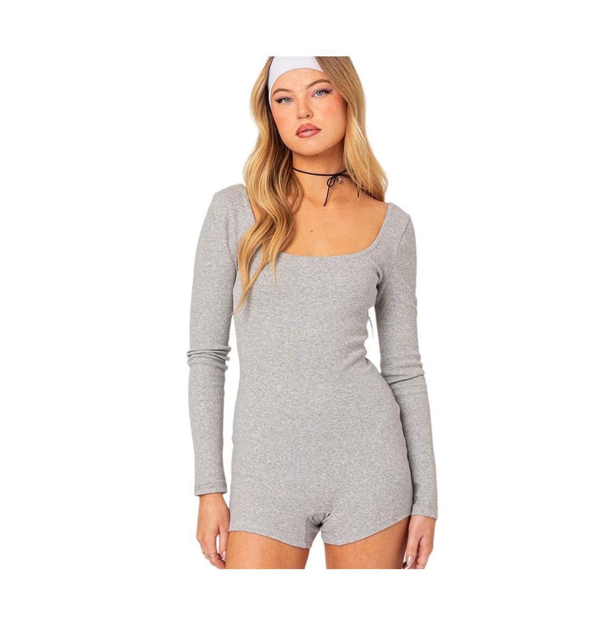 EDIKTED Nolan Long Sleeve Open Back Stretch Cotton Romper Product Image