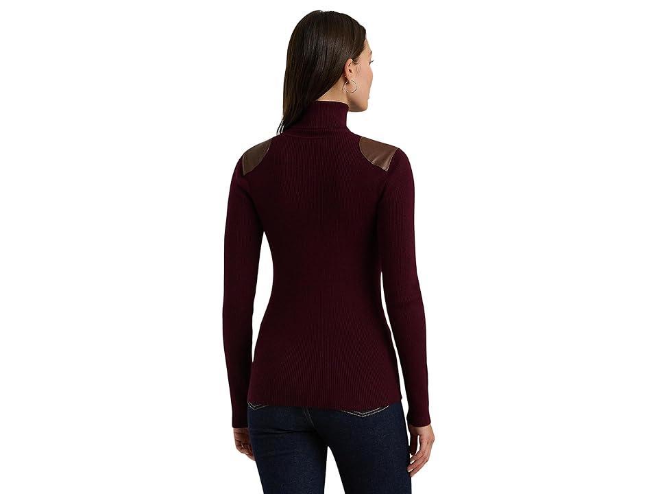 Lauren Ralph Lauren Faux Leather-Trim Ribbed Turtleneck (Pinot Noir) Women's Sweater Product Image