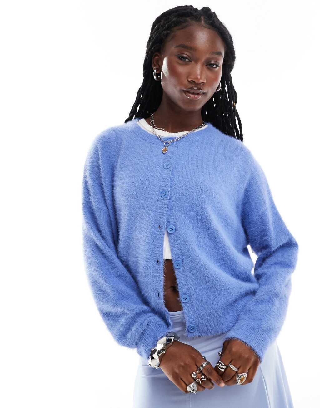 Daisy Street blue fluffy eyelash knit boxy crew neck cardigan Product Image