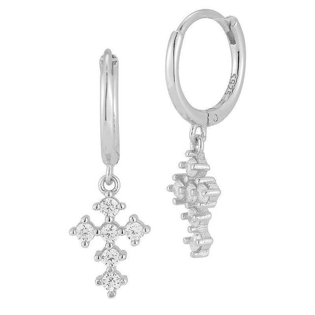 Sunkissed Sterling Cubic Zirconia Cross Charm Huggie Hoop Earrings, Womens, Silver Product Image