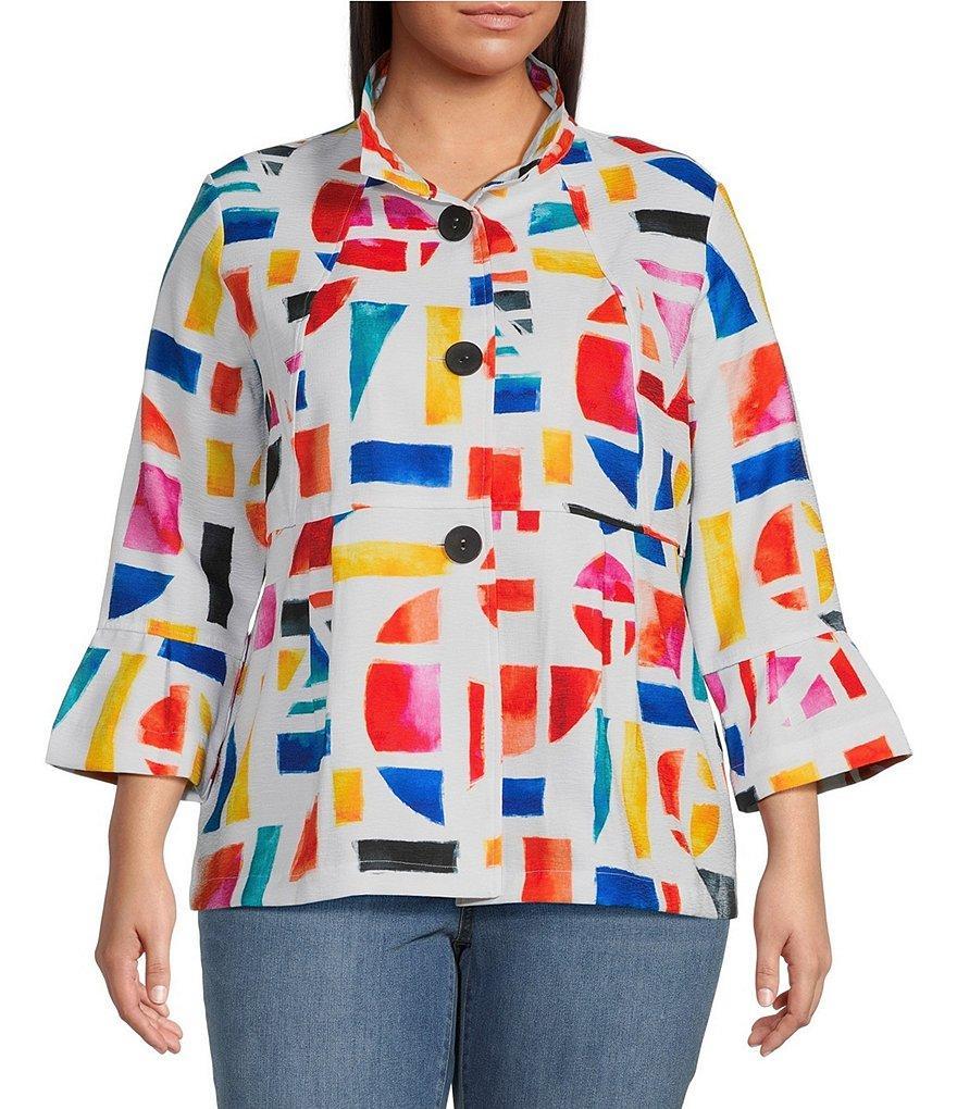 Ali Miles Plus Size Woven Geometric Abstract Print Wire Collar 3/4 Bell Sleeve Button-Front Tunic Product Image