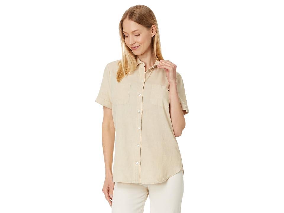 Tommy Hilfiger Solid Linen Blend Camp Shirt (Sand/White) Women's Clothing Product Image