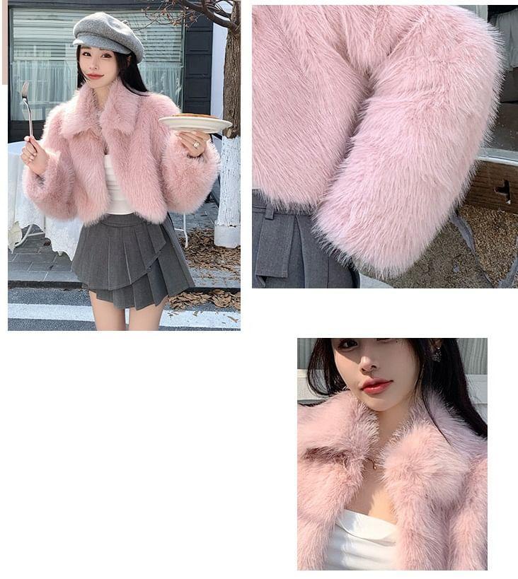 Collared Plain Fluffy Open Front Crop Jacket Product Image