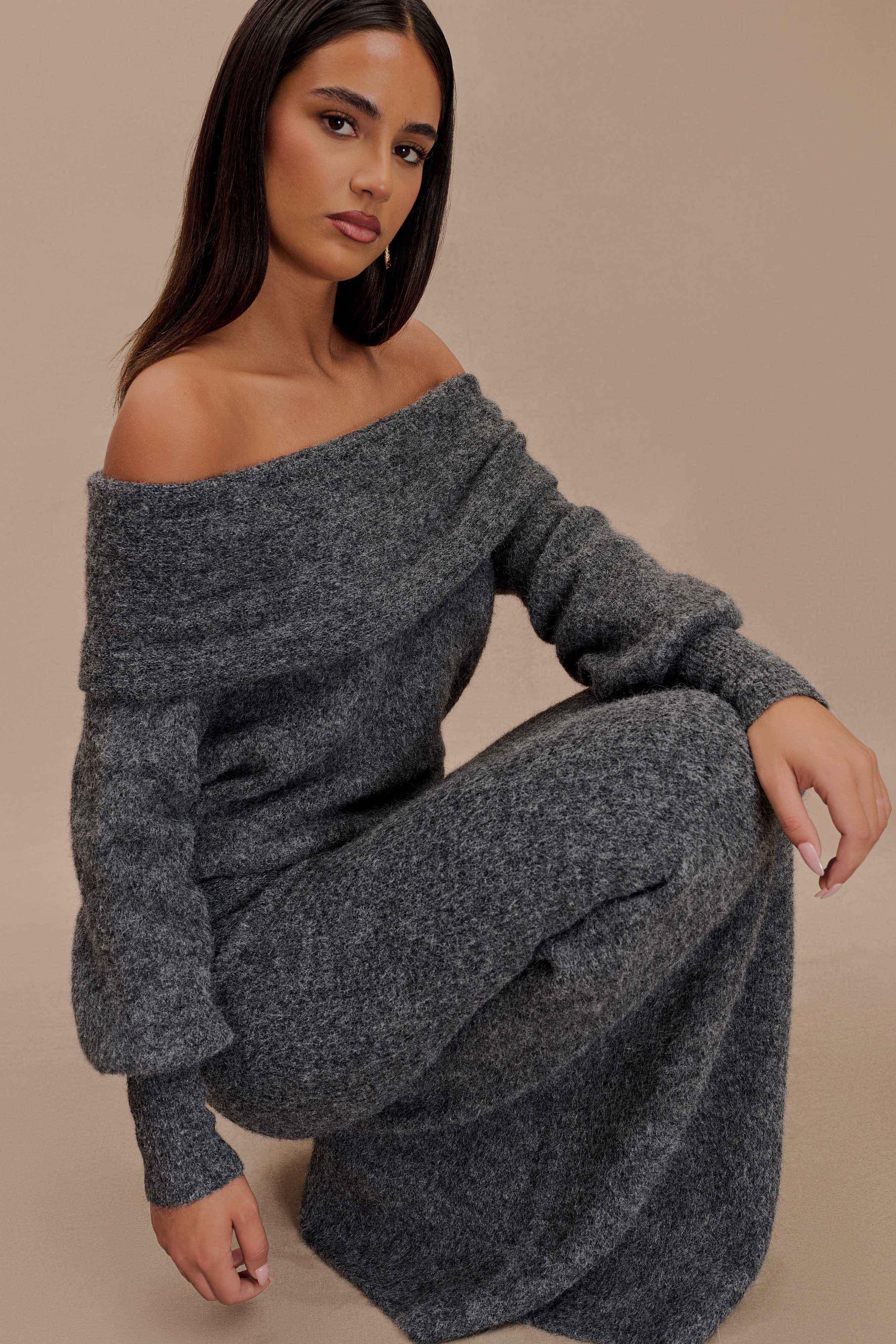 Charlotte Off Shoulder Knit Long Sleeve Top - Charcoal Marle Product Image