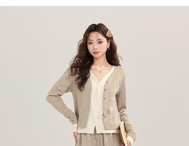 Set: Button-Up Plain Cardigan + High Waist Wide Leg Pants Product Image