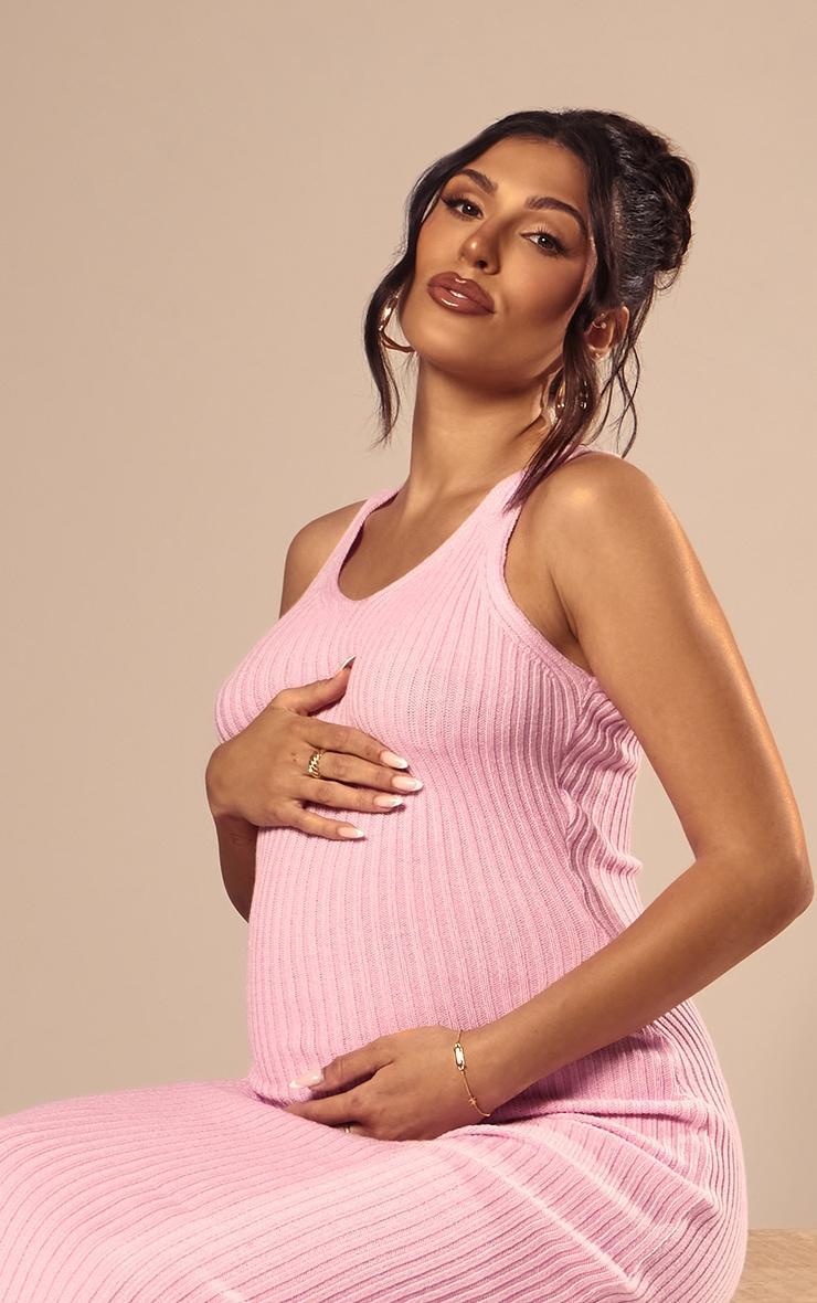 Maternity Pink Knitted V Neck Midi Dress Product Image