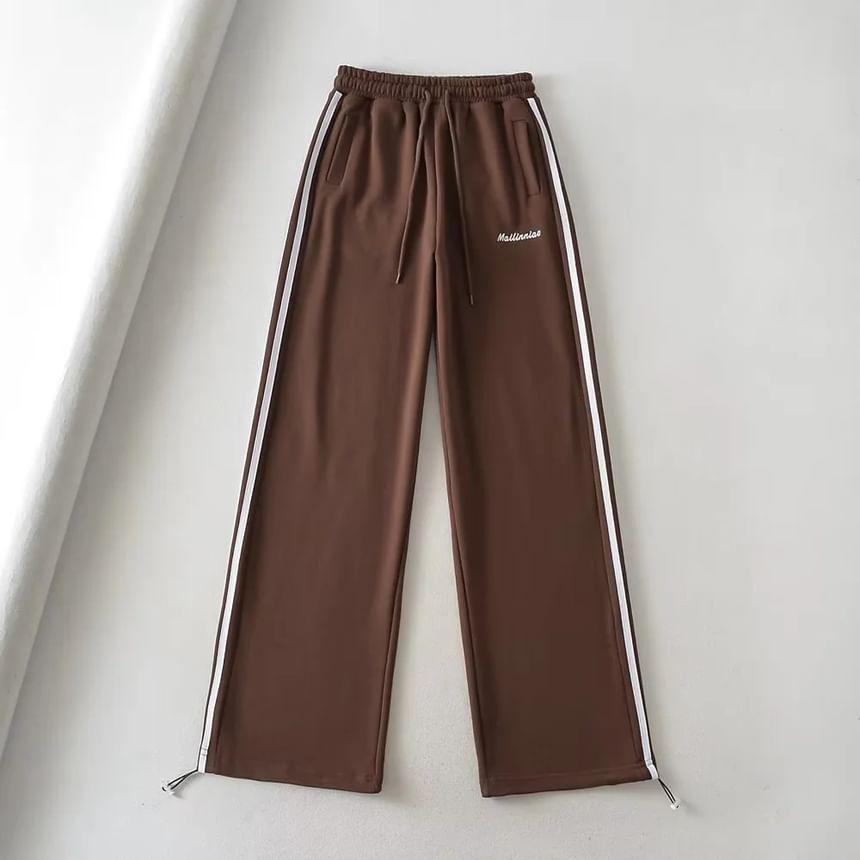 Drawstring Waist Striped Lettering Embroidered Wide Leg Sweatpants Product Image