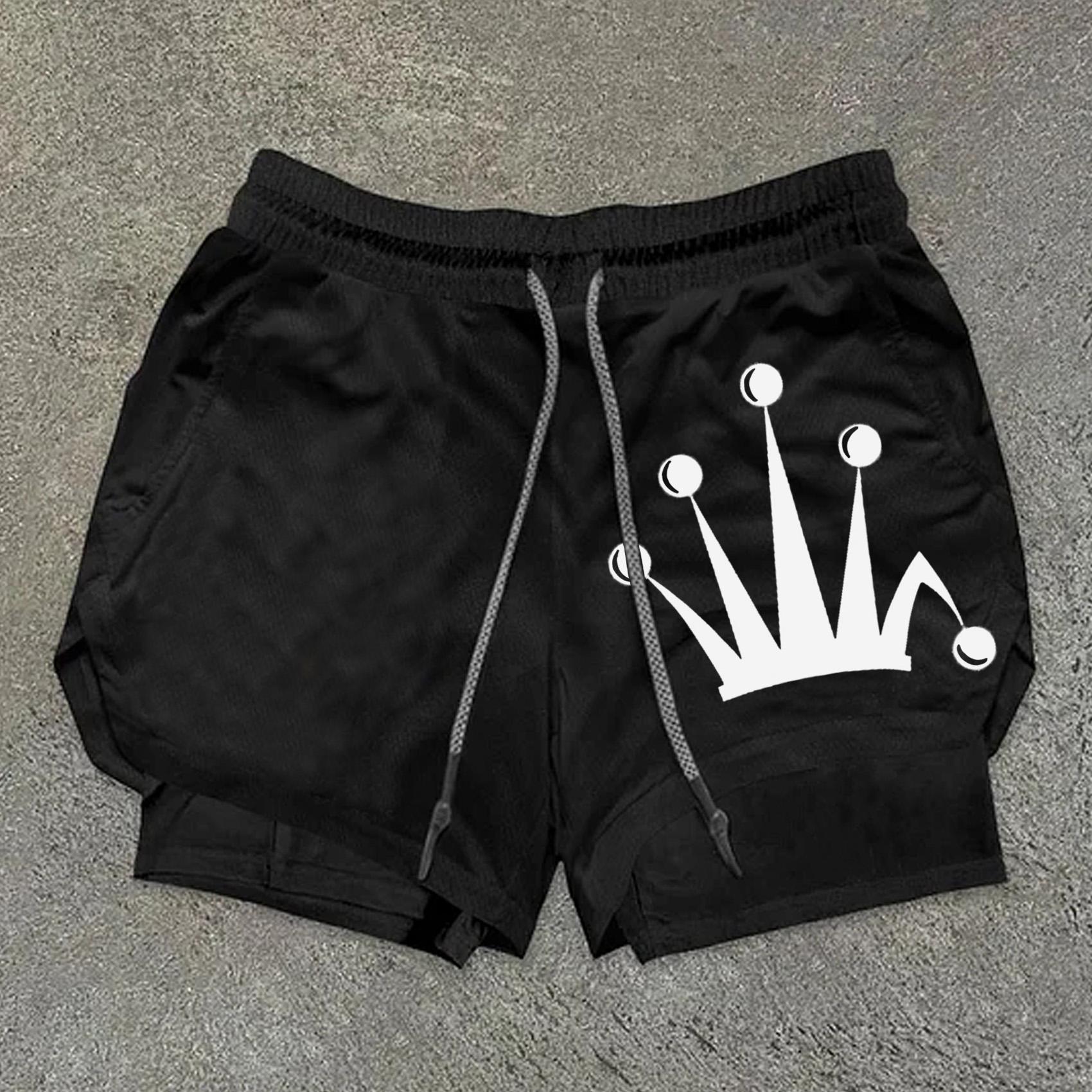 Casual Regal Crown Print Double Layer Gym Shorts Product Image