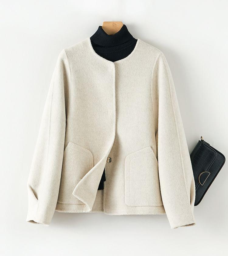 Round Neck Plain Concealed Button Short Coat Product Image