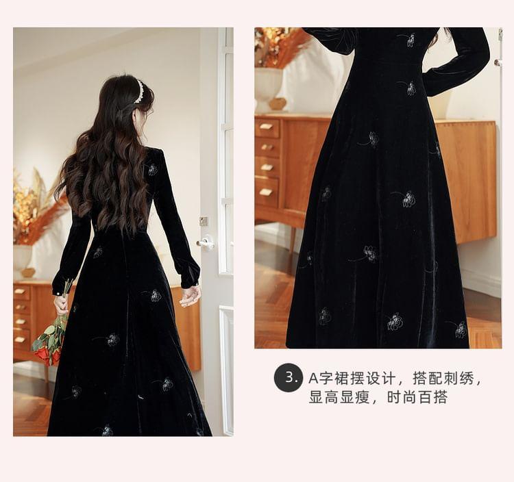 Long Sleeve Square Neck Floral Embroidered Ruffle Panel Velvet Maxi A-Line Dress Product Image