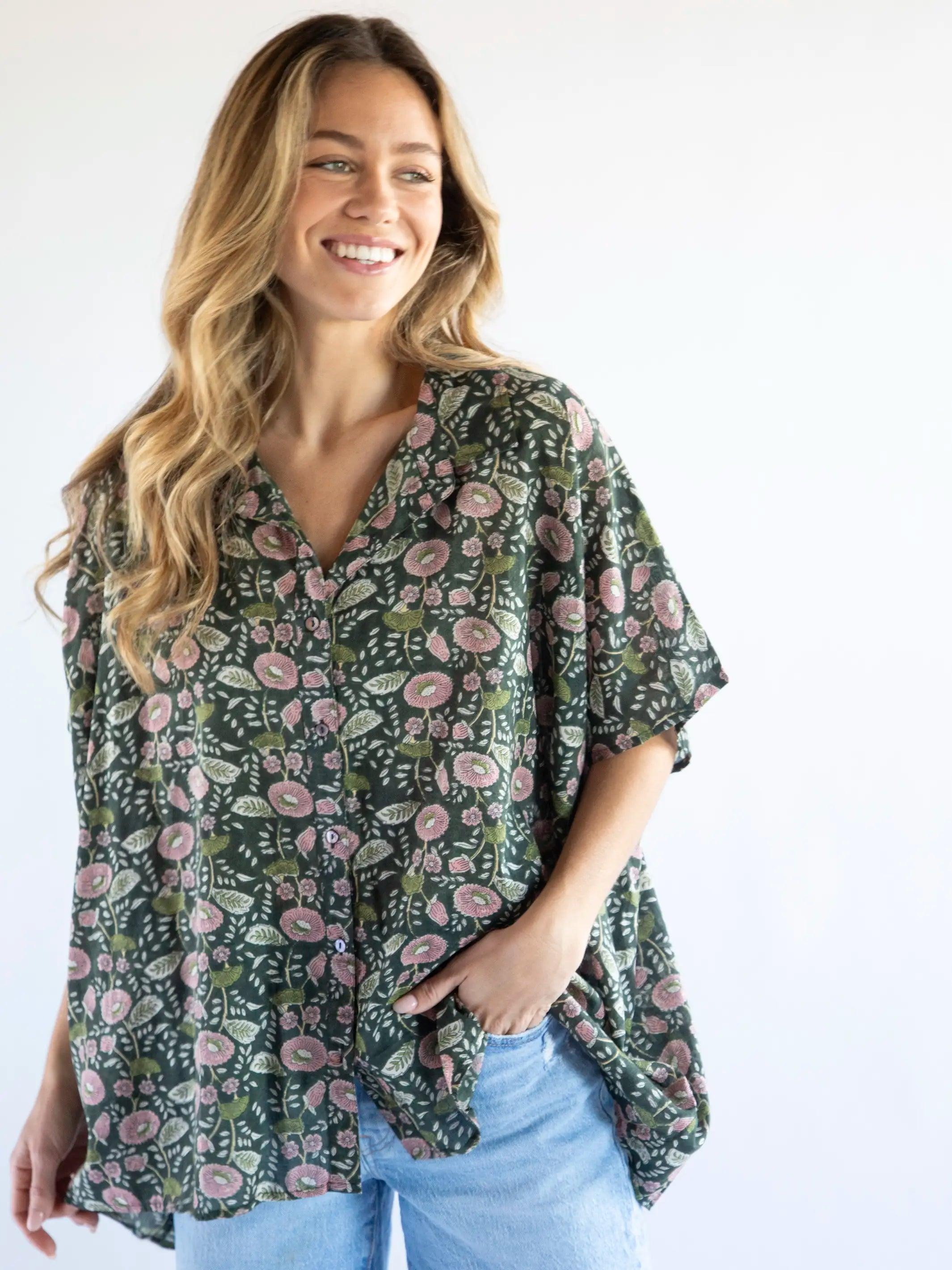 Kelly Oversized Cotton Button Down - Dark Green Pink Floral Vines Product Image