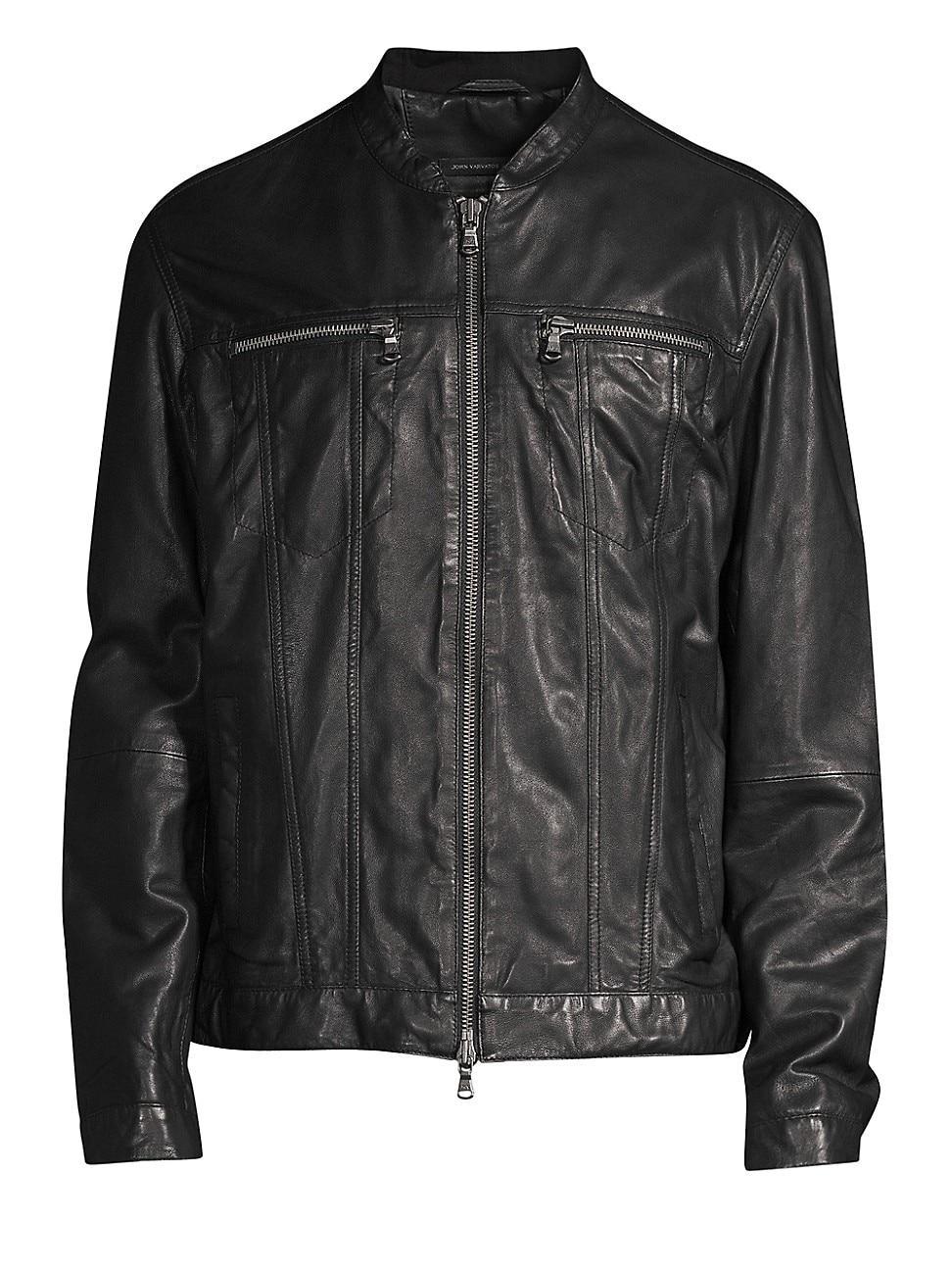 Mens Band Collar Leather Jacket Product Image