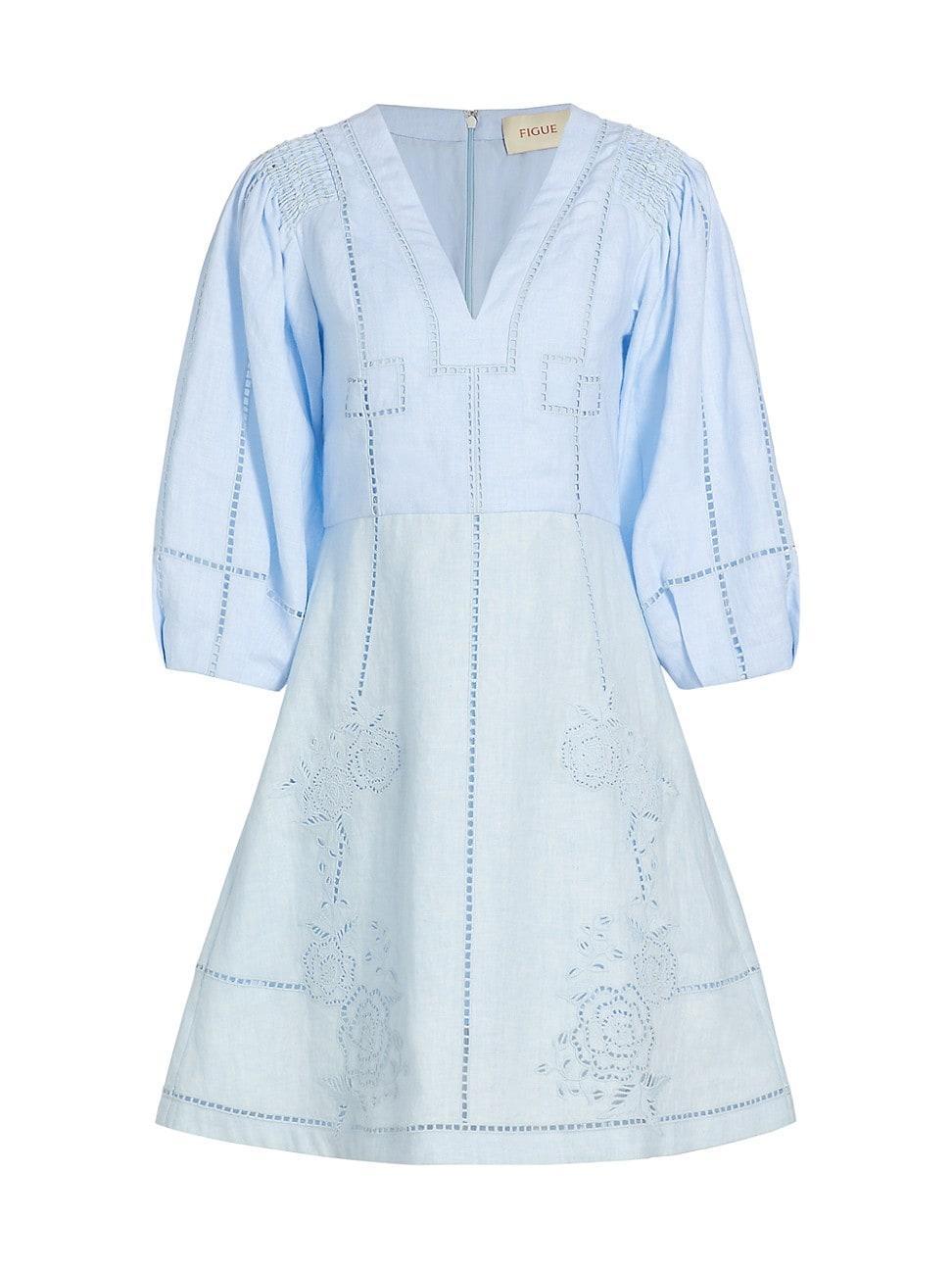 Verna Lattice Embroidered 3/4-Sleeve Linen Mini Dress Product Image