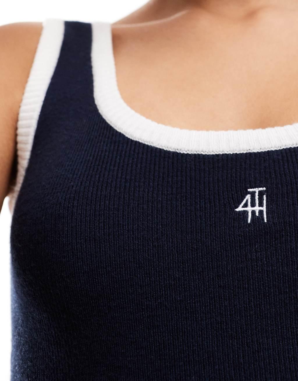 4th & Reckless premium knitted contrast edge embroidered logo tank top in navy Product Image