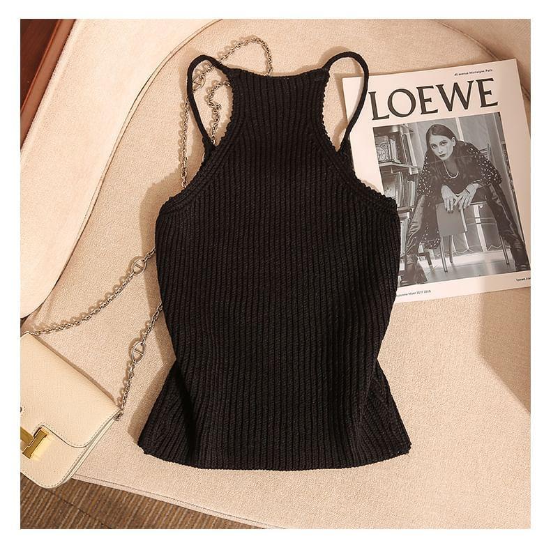 Faux Pearl Ribbed Knit Crop Camisole Top Product Image