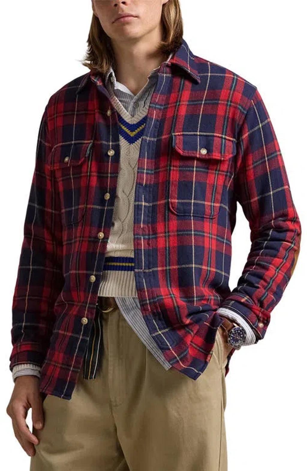 Plaid Flannel Elbow Patch Button-up Overshirt In Red/navy product image