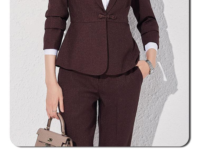 Shawl Lapel Plain Frog Closure Blazer / High Waist Flared Dress Pants / Set Product Image