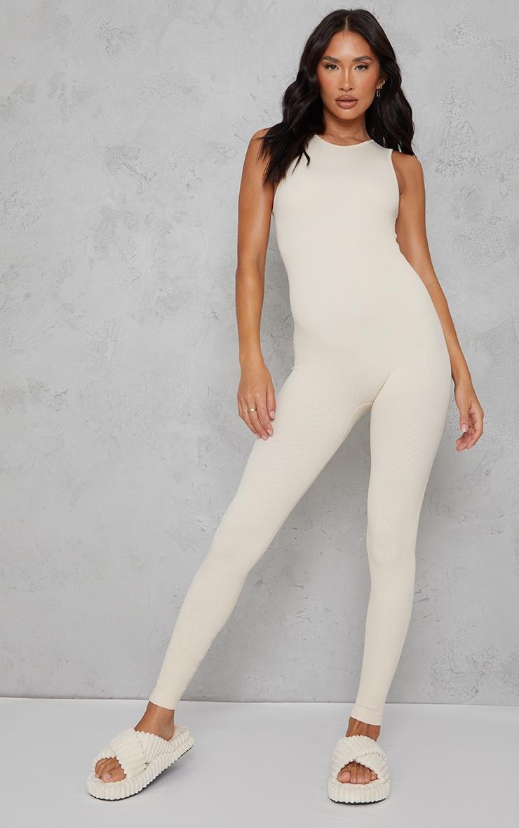 Ecru Snatched Rib Racer Neck Jumpsuit Product Image