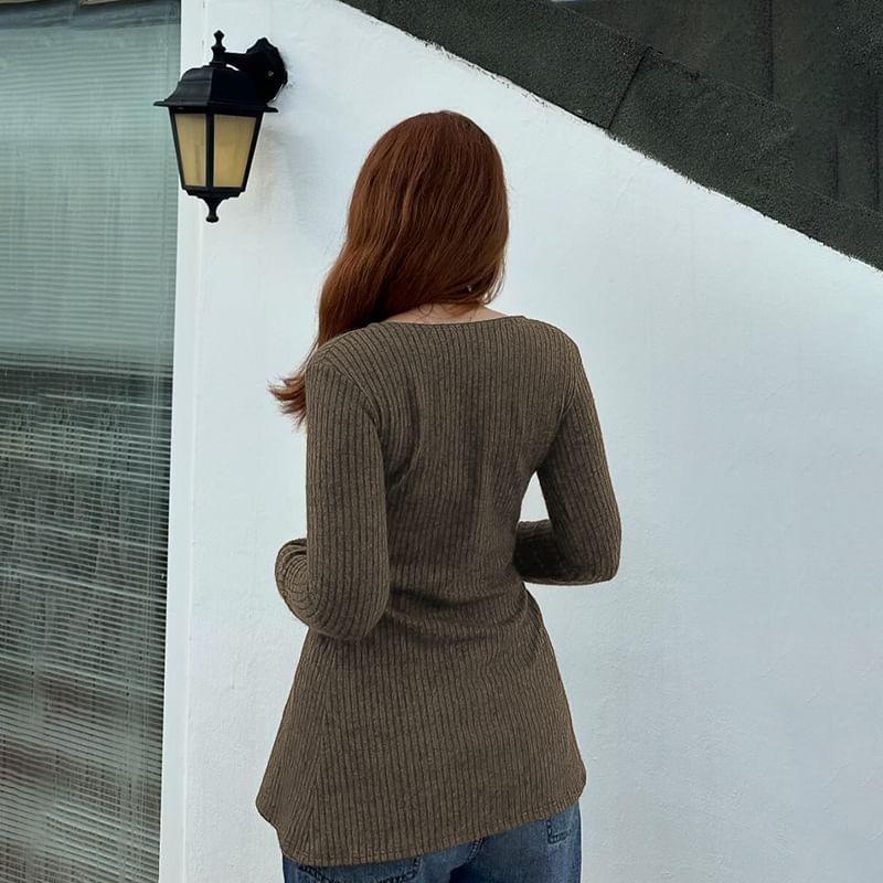 Long Sleeve Plain Ribbed-Knit Slim-Fit Cardigan Product Image