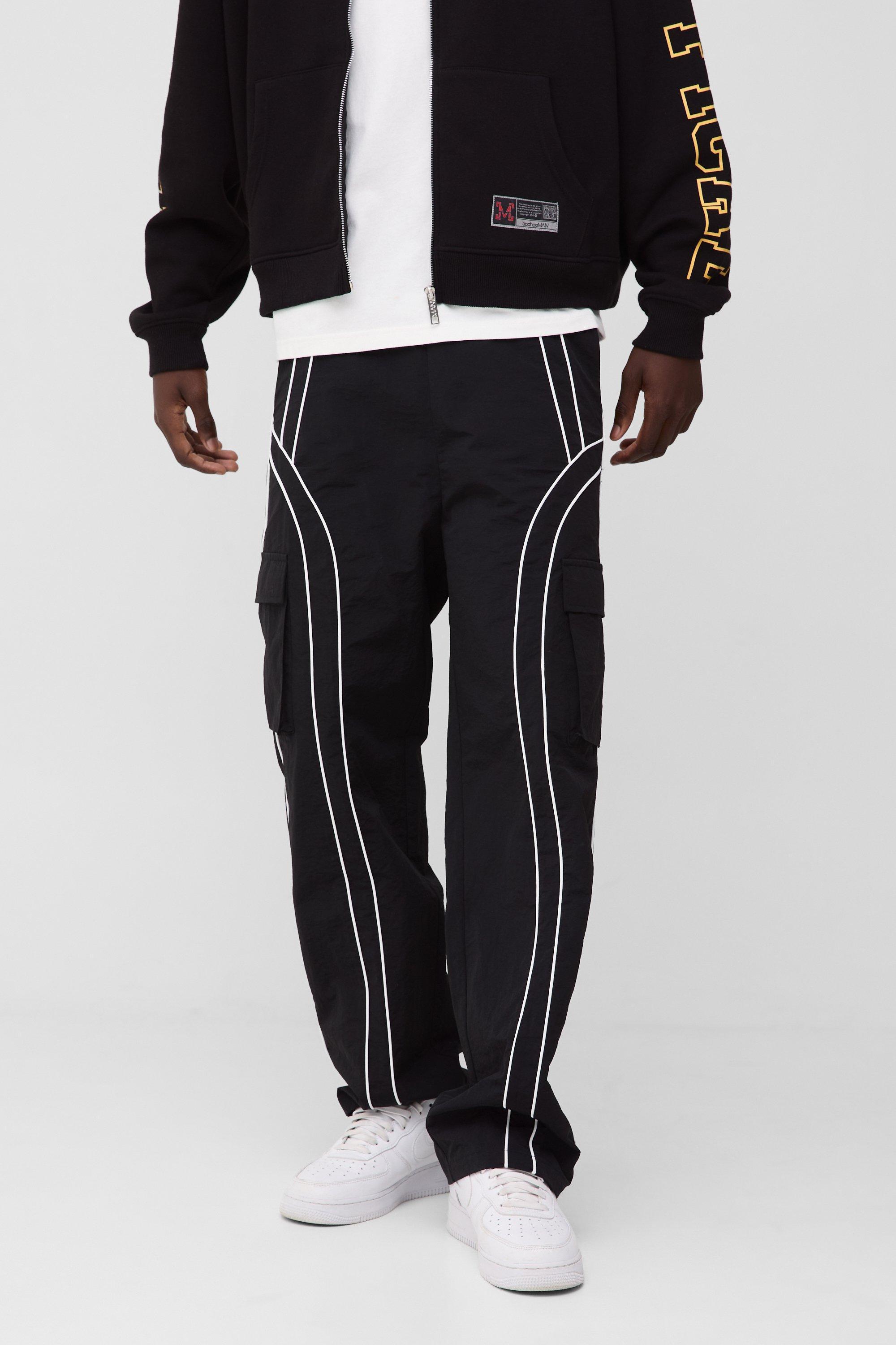 Elasticated Waist Relaxed Crinkle Nylon Bungy Detail Trousers | boohooMAN USA Product Image