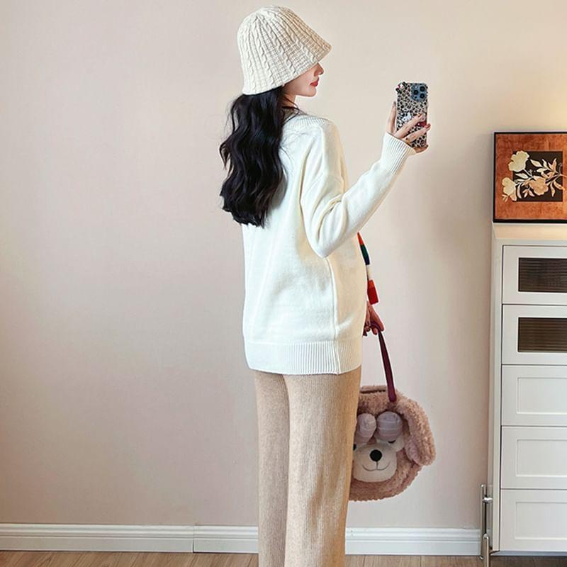 Maternity V-Neck Plain Striped Panel Sweater Product Image