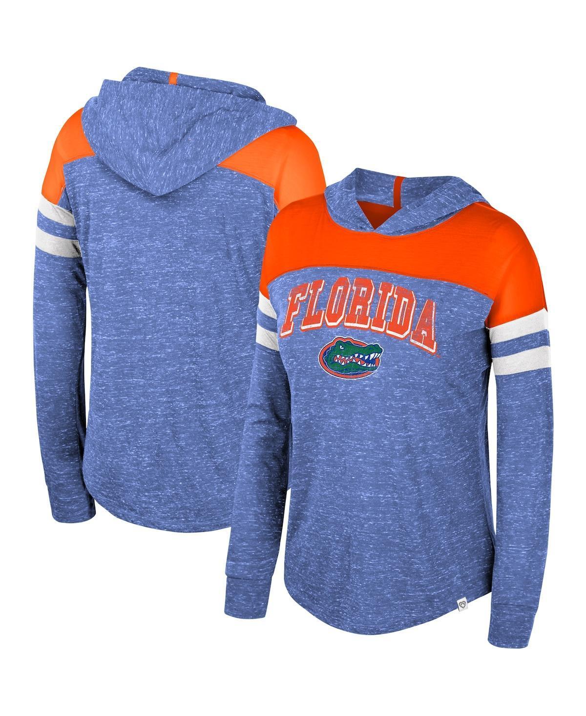 Womens Colosseum Royal Distressed Florida Gators Speckled Color Block Long Sleeve Hooded T-shirt Product Image