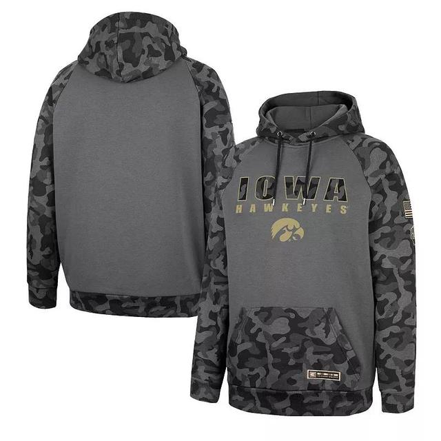 Mens Colosseum Charcoal Iowa Hawkeyes OHT Military Appreciation Camo Stack Raglan Pullover Hoodie Product Image