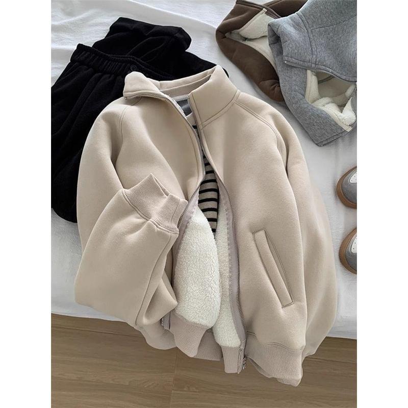 Stand Collar Plain Fleece Lined Zip Jacket Product Image