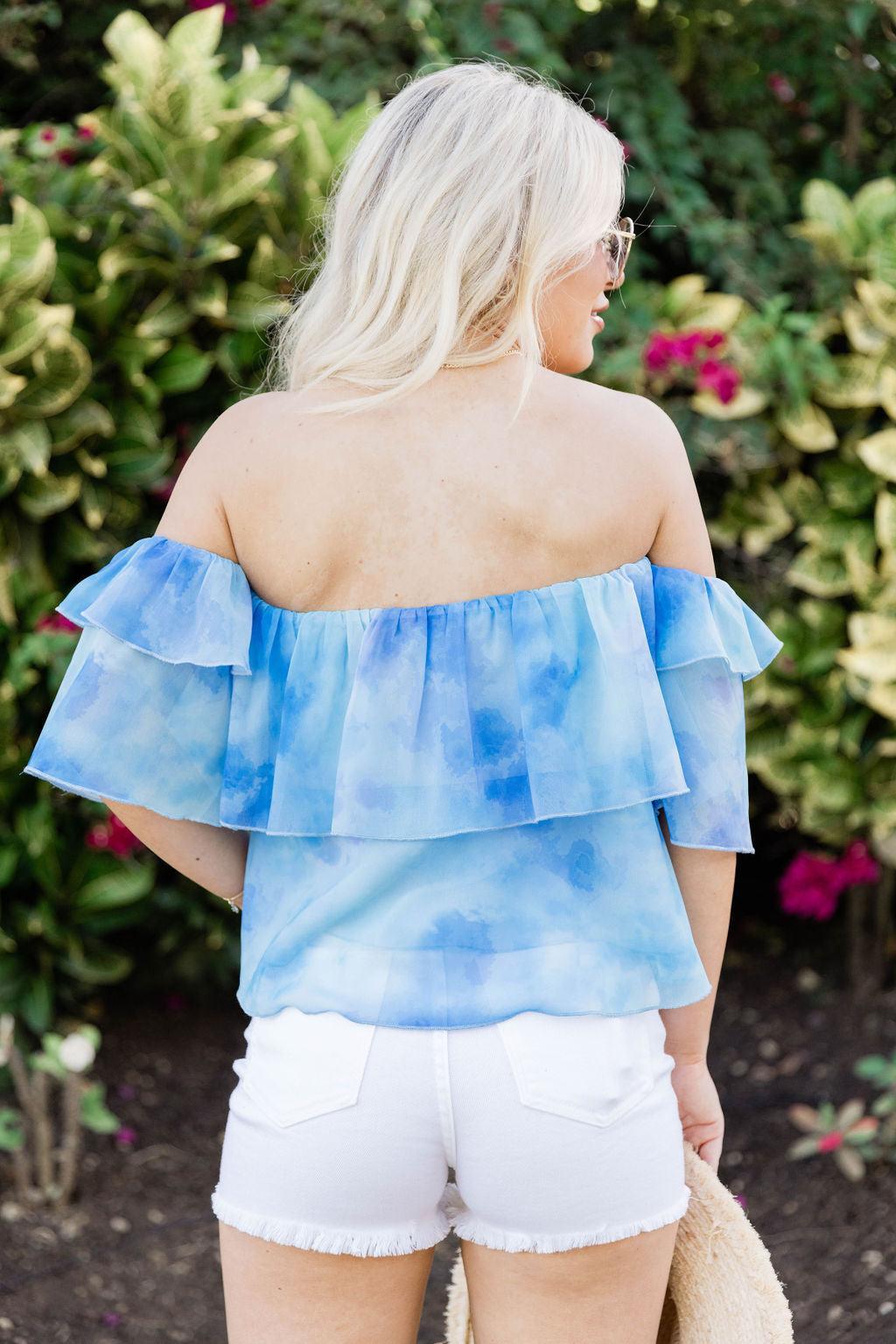 Holding Onto Happiness Blue Watercolor Off The Shoulder Printed Blouse FINAL SALE Product Image