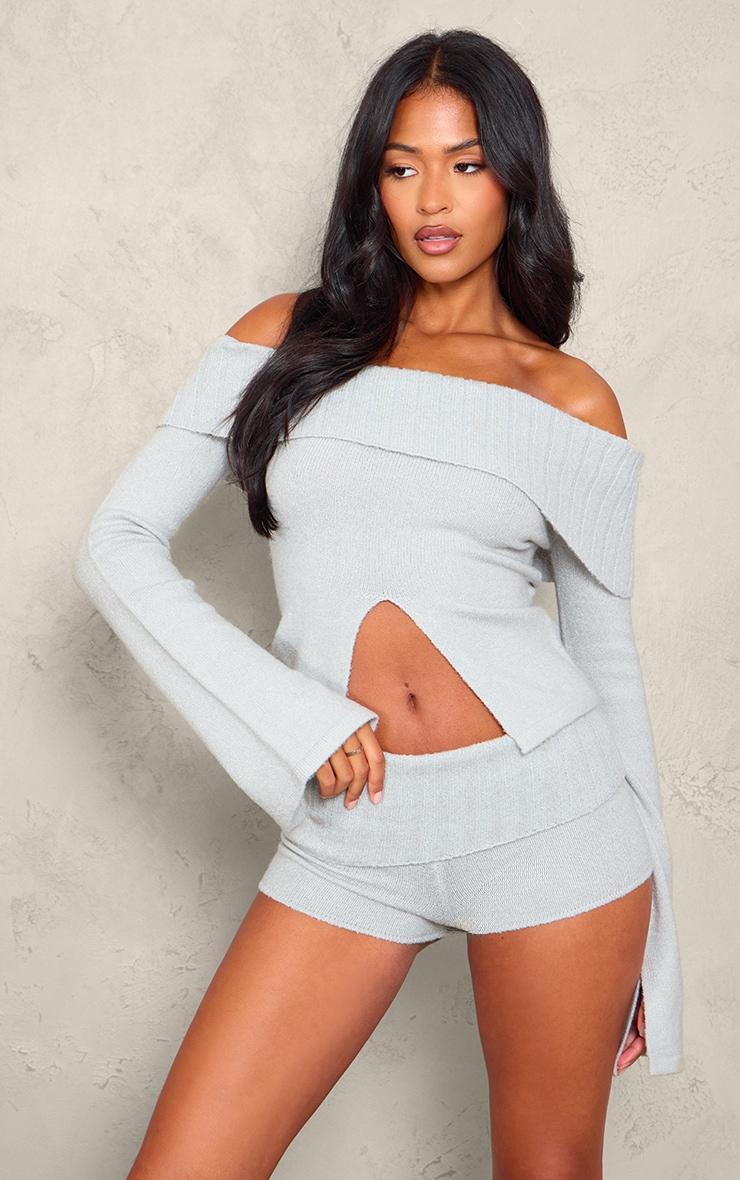 Tall Grey Textured Knit Cut Out Foldover Bardot Top Product Image