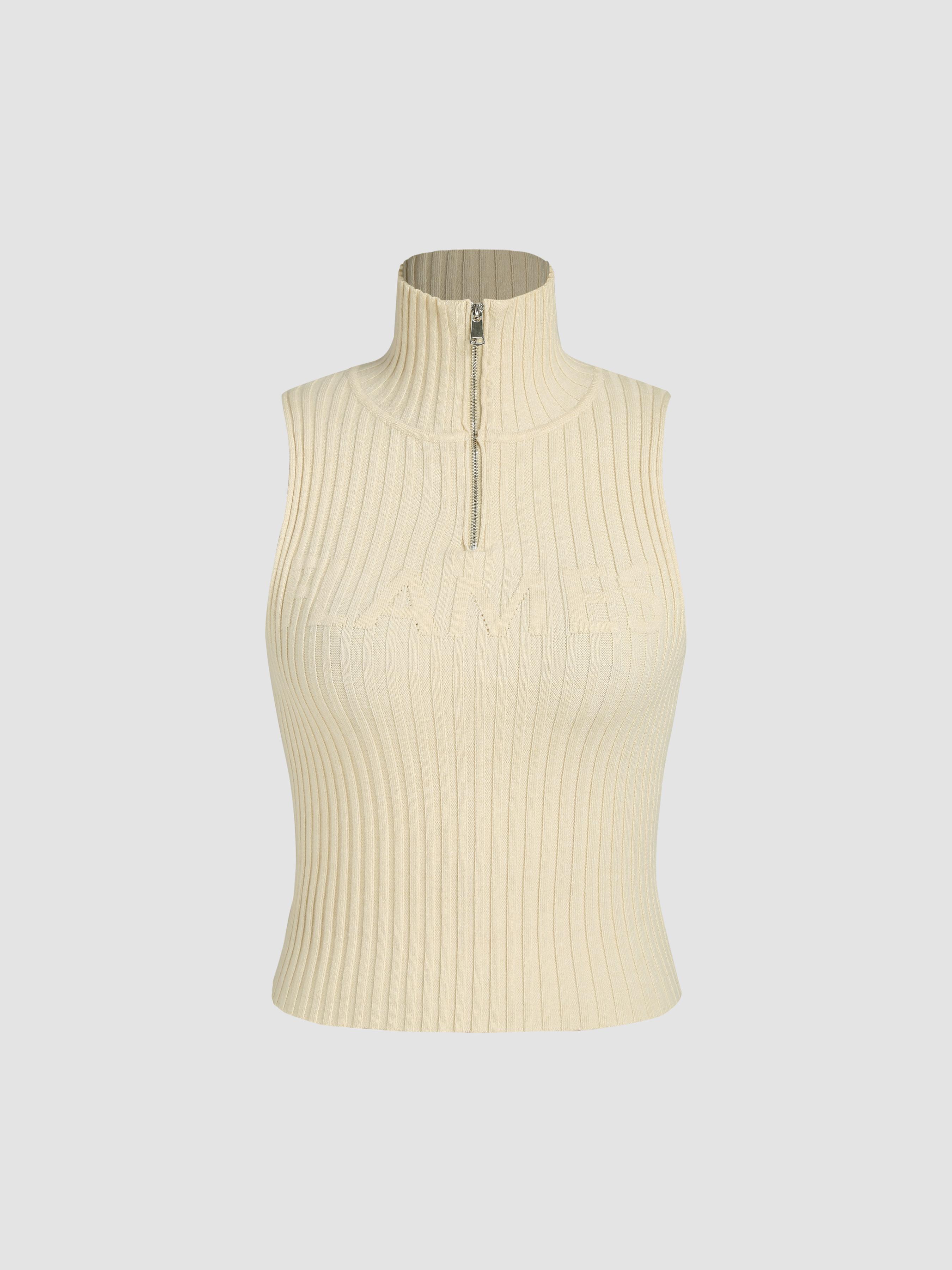 Solid High Neck Zip Up Knitted Crop Top product image