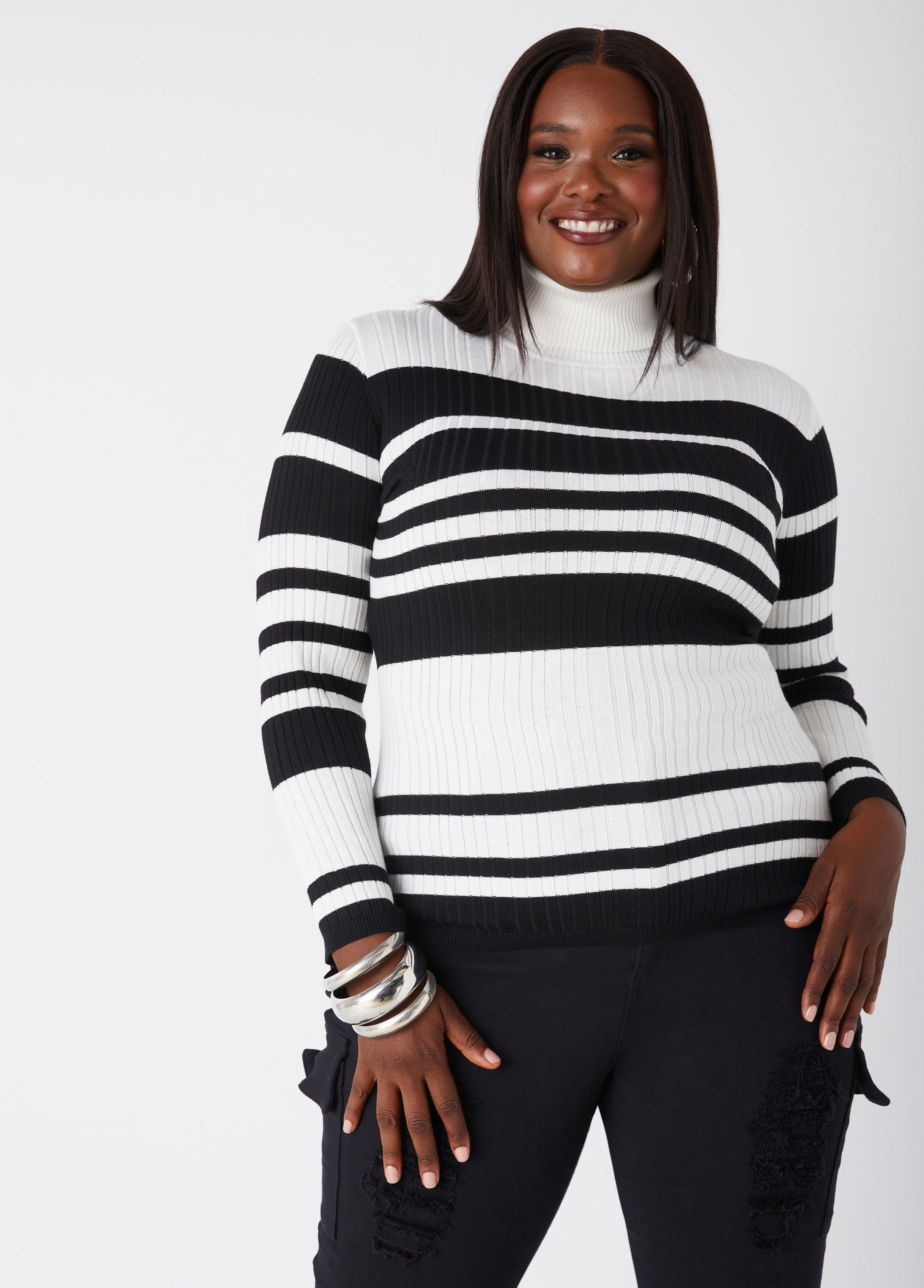 Plus Size Striped Pullover Turtleneck Sweater Ashley Stewart Product Image