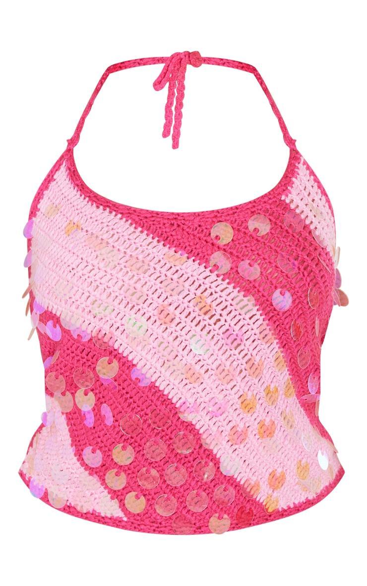 Petite Pink Striped Knitted Halterneck Sequin Top Product Image