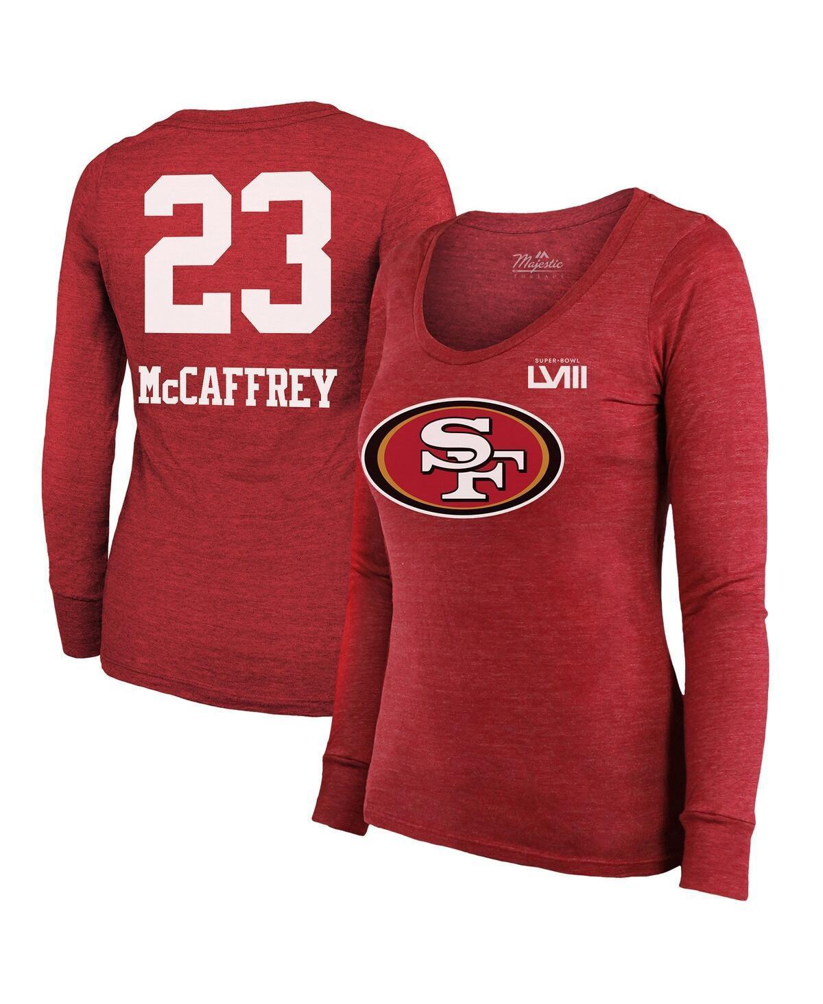 Womens Majestic Threads Christian McCaffrey San Francisco 49ers Super Bowl Lviii Scoop Name and Number Tri-Blend Long Sleeve T-shirt - Scarle Product Image