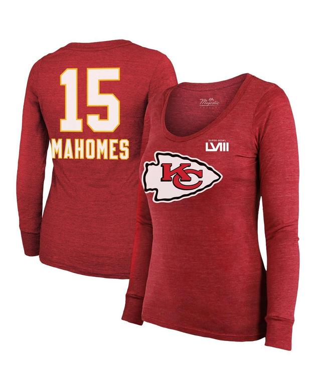 Womens Majestic Threads Patrick Mahomes Red Kansas City Chiefs Super Bowl Lviii Scoop Name and Number Tri-Blend Long Sleeve T-shirt Product Image