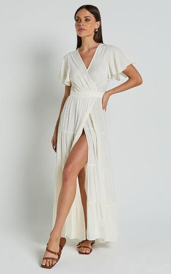 Geneva Midi Dress - Short Flutter Sleeve Wrap Dress in Off White Product Image