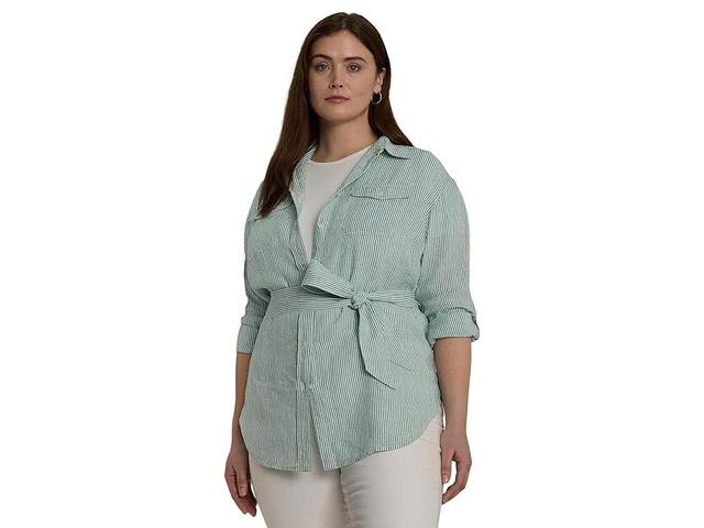 LAUREN Ralph Lauren Plus-Size Relaxed Fit Striped Belted Linen Shirt (Soft Laurel/White) Women's Clothing Product Image